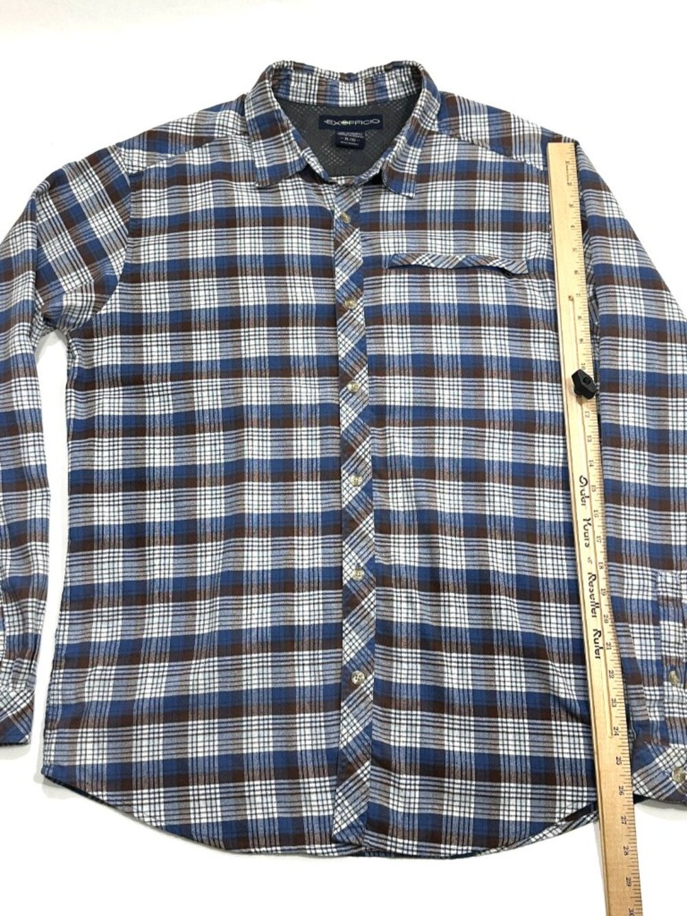 ExOfficio Men's XL Plaid Button Up Shirt Blue Brown White Long Sleeve Outdoor - Picture 14 of 16